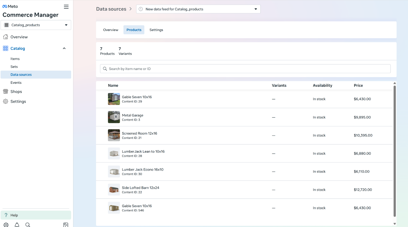 Viewing your imported products in Facebook catalog
